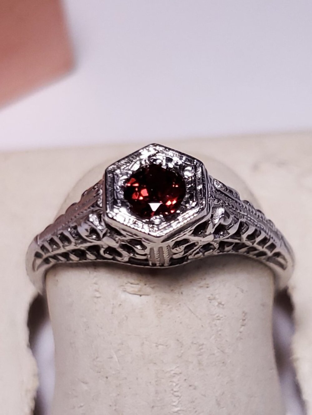 Estate 1/4ct Natural rd Garnet 14Kt White Gold Antique reproduction Ring #25175